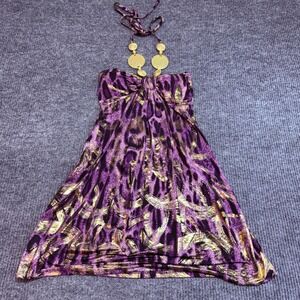 Mandee Y2K Purple Gold Metallic Foil Halter Dress Women's Size M Party Club